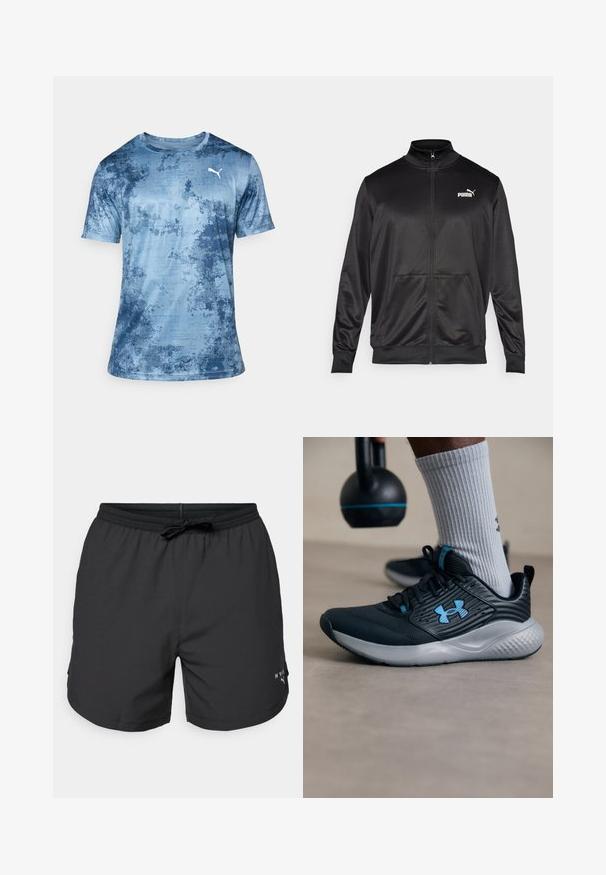Chaqueta negra con cremallera hecha de un tejido liso y brillante. Presenta un cuello alto, dos bolsillos frontales y un logo blanco de Puma en el lado izquierdo del pecho.; Camiseta atlética azul con un patrón abstracto texturizado. Mangas cortas, cuello redondo y un logo de Puma blanco en el pecho. Material ligero.; Bañador negro con cintura elástica y cordón. Tela ligera con bolsillos laterales. Presenta un pequeño logo en el dobladillo.; Zapatilla deportiva negra con acentos azules, parte superior texturizada y suela gris. Llevada con calcetines grises de canalé, al lado de una kettlebell negra.