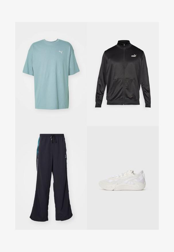Juodas zip-up švarkas, pagamintas iš lygaus, blizgaus audinio. Turintis aukštą apykaklę, dvi priekinės kišenes ir baltą Puma logotipą kairiajame krūtinės kampe.; Šviesiai mėlynas per didelis marškinėliai, pagaminti iš medvilnės. Turi apvalų kaklą ir trumpas rankoves. Ant krūtinės yra mažas baltas Puma logotipas.; Puma PLAY PARIS TRACK PANTS - Treningo apatinė dalis - black; Šoninis vaizdas, kaip atrodo balti ir šviesiai pilki sportiniai batai su abstrakčiu bangos raštu ir storu padu, ant vientiso balto fono.