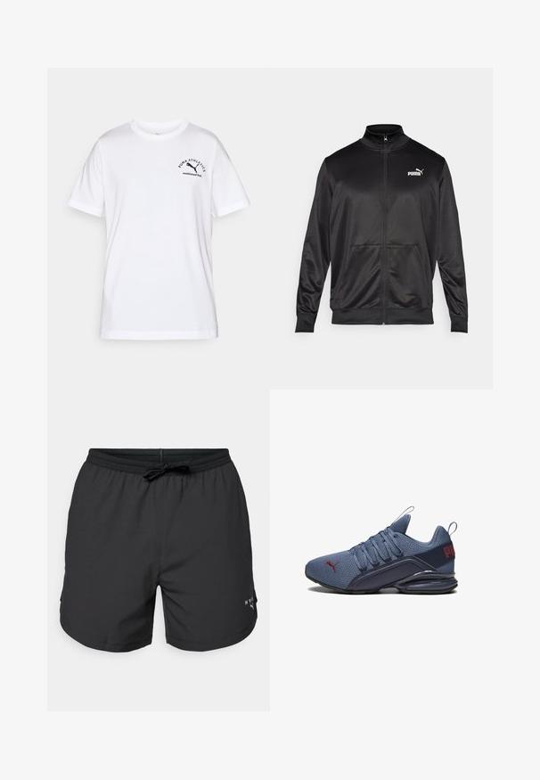 Melnā ar rāvējslēdzēju aizdaram veste, izgatavota no gludas, spīdīgas auduma. Tam ir augsta apkakle, divas priekšējās kabatas un balts Puma logotips kreisajā krūtī.; Balta kokvilnas T-krekls ar apaļu kakla izgriezumu, īsām piedurknēm. Kreklam ir melna logo teksta un grafikas uzraksts kreisajā pusē. Vienkāršs, neizrotāts dizains.; Melnas peldbikses ar elastīgu jostasvietu un auklu. Vieglas audums ar sānu kabatām. Satur mazu logo uz apakšmalas.; Zili sporta apavi ar sietiņu virsu, kuriem ir cieta gumijas zole, izteikta logo detaļa un saistīšanas aizdare, kas nodrošina ciešu piegulšanu.