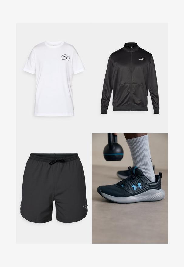 Czarna kurtka na zamek wykonana z gładkiego, błyszczącego materiału. Posiada wysoki kołnierz, dwie przednie kieszenie oraz białe logo Puma na lewej piersi.; Biała bawełniana koszulka z okrągłym dekoltem, krótkimi rękawami. Zawiera czarny tekst logo i grafikę po lewej stronie. Podstawowy, nieozdobiony design.; Czarne szorty kąpielowe z elastycznym paskiem w talii i sznurkiem do regulacji. Lekki materiał z bocznymi kieszeniami. Posiadają małe logo na brzegu.; Czarny but sportowy z niebieskimi akcentami, teksturowana cholewka i szara podeszwa. Założony z szarymi skarpetami w prążki, obok czarnego kettlebella.