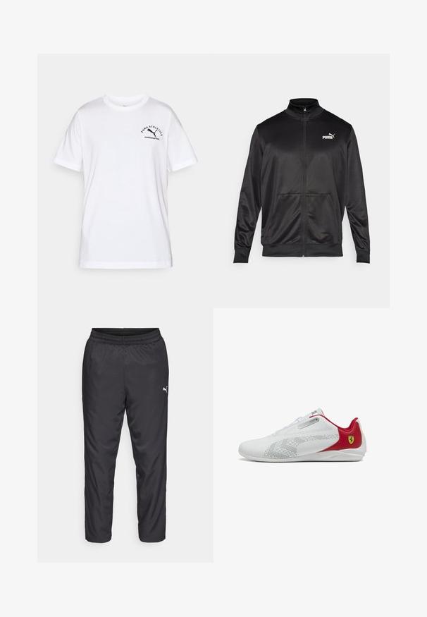Black zip-up jacket made of smooth, shiny fabric. Features a high collar, two front pockets, and a white Puma logo on the left chest.; White cotton t-shirt with a crew neck, short sleeves. Features black logo text and graphic on the left side. Basic, unadorned design.; Black athletic pants made of smooth, lightweight material. Features an elastic waistband and a small white logo on the left side.; White athletic shoes with a smooth texture, red accents, perforated detailing, and a silver accent near the laces; features Ferrari logo on the heel.