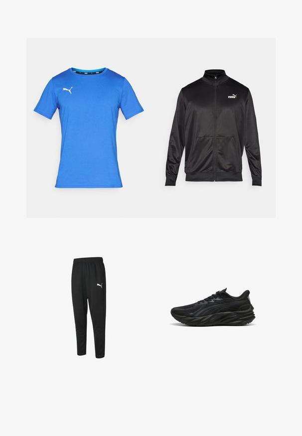 Black zip-up jacket made of smooth, shiny fabric. Features a high collar, two front pockets, and a white Puma logo on the left chest.; Blue short-sleeve t-shirt made of soft fabric, featuring a crew neckline and a white Puma logo on the left chest.; Black athletic pants made of smooth fabric, featuring a drawstring waist, tapered legs, and a small white Puma logo on the left side.; Black athletic shoe with a textured upper, curved sole, and reinforced heel. Features laces and a subtle side design element.
