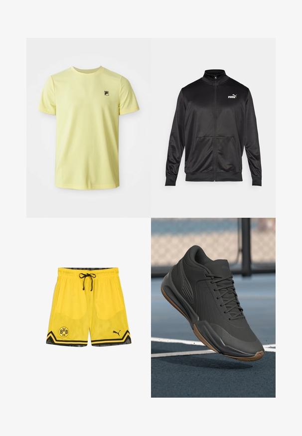 Svart zip-up jakke laget av glatt, skinnende stoff. Har høy krage, to frontlommer og en hvit Puma-logo på venstre bryst.; Lys gul kortermet T-skjorte med rund hals og liten svart logo på venstre bryst, vist på hvit bakgrunn.; Gule mesh idrettsshorts med sorte detaljer, med snøring i midjen, laglogo og diagonalt stripemønster ved kanten.; Svarte treningssko med en glatt syntetisk overdel, teksturerte detaljer og en såle av gummigummi, designet for ytelse og komfort.