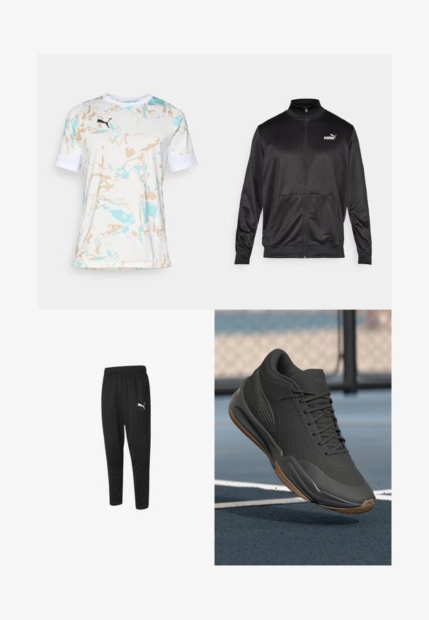 Must läikivast ja siledast kangast must kapuutsiga jakk. Omab kõrget kaelust, kahte esi-taskut ja valget Puma logo vasakul rinnal.; Valge sportlik T-särk, millel on helesinine ja beež abstraktne muster, neil on lühikesed varrukad ja ümmargune kaelus. Rinna peal must logo.; Mustad mustad spordipüksid, mis on valmistatud siledast kangast, omavad paelaga vööd, kitsenevaid jalgu ja väikest valget Puma logo vasakul küljel.; Mustad mustreejal, millel on sile sünteetiline pealis, tekstuuriga aktsendid ja kummist tallad, loodud soorituse ja mugavuse tagamiseks.