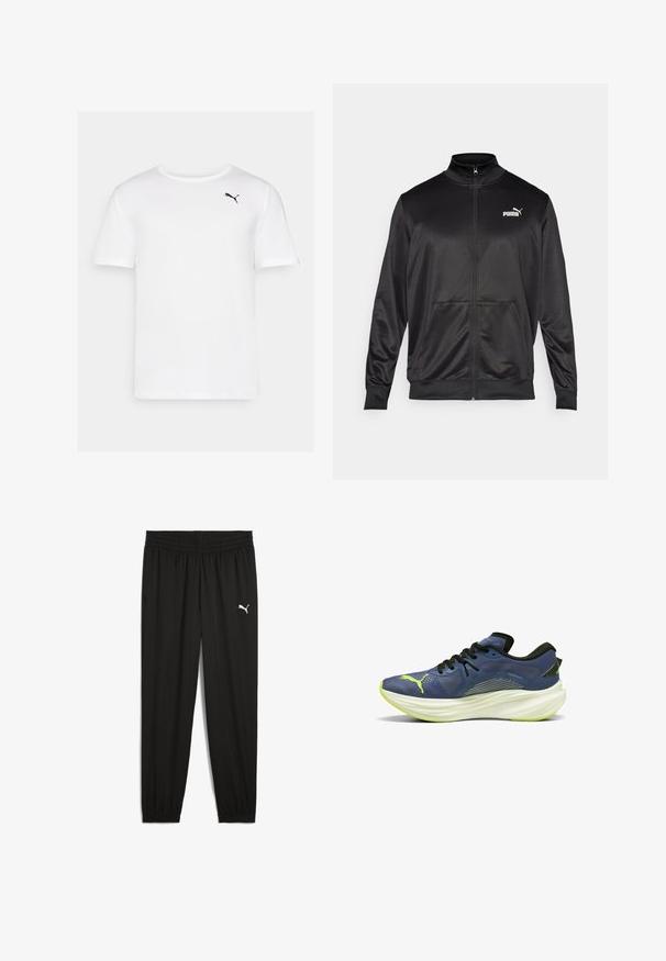 Melnā ar rāvējslēdzēju aizdaram veste, izgatavota no gludas, spīdīgas auduma. Tam ir augsta apkakle, divas priekšējās kabatas un balts Puma logotips kreisajā krūtī.; Balta īsām piedurknēm T-kreksa, kas izgatavota no gludas auduma, ar mazu melnu Puma logo kreisajā krūšu zonā. Apaļš kakla izgriezums, bez rakstiem.; Melni sporta bikses, kas izgatavotas no viegla materiāla, ar elastīgu vidukli, šaurām kājām un baltu Puma logo kreisajā augšstilbā.; Zilā sporta apava ar strukturētu sietu, melniem aizdariem un baltu, izliekta vidussole. Icludes zaļu akcentu un logotipu uz sāna.