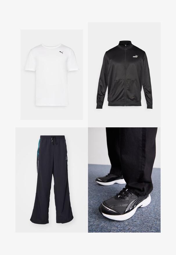 Jachetă neagră cu fermoar, made dintr-un material neted, lucios. Dispune de un guler înalt, două buzunare frontale și un logo alb Puma pe pieptul stâng.; Tricou alb cu mânecă scurtă, confecționat dintr-un material neted, având un mic logo negru Puma în zona stângă a pieptului. Guler rotund, fără modele.; Puma PLAY PARIS TRACK PANTS - Pantaloni de trening - black; Pantofi sport negri cu țesătură din plasă, talpă albă și accente negre. Profilul este texturat. Purtați cu pantaloni negri pe o suprafață de carpă albastră.