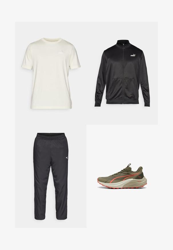 Giacca nera con zip realizzata in tessuto liscio e lucido. Presenta un colletto alto, due tasche frontali e un logo Puma bianco sul lato sinistro del petto.; T-shirt corto a maniche corte di colore crema, realizzato in morbido cotone con collo a girocollo. Presenta un piccolo logo Puma ricamato sul petto.; Pantaloni sportivi neri realizzati in materiale liscio e leggero. Presentano un elastico in vita e un piccolo logo bianco sul lato sinistro.; Scarpa da corsa verde oliva con tomaia testurizzata, dettagli corallo e una spessa suola intermedia bianca. Presenta una suola in gomma resistente per una buona aderenza.