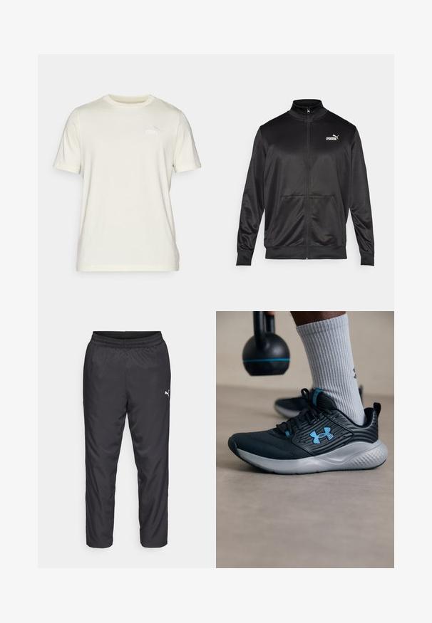 Zwarte jas met rits, gemaakt van een gladde, glanzende stof. Heeft een hoge kraag, twee voorzakken en een wit Puma-logo op de linkerborst.; Crème T-shirt met korte mouwen van zachte katoen met een ronde hals. Beschikt over een klein geborduurd Puma-logo op de borst.; Zwarte sportbroeken gemaakt van glad, lichtgewicht materiaal. Heeft een elastische tailleband en een klein wit logo aan de linkerkant.; Zwarte sportschoen met blauwe accenten, gestructureerde bovenkant en grijze zool. Draagt met grijze geribbelde sokken, naast een zwarte kettlebell.