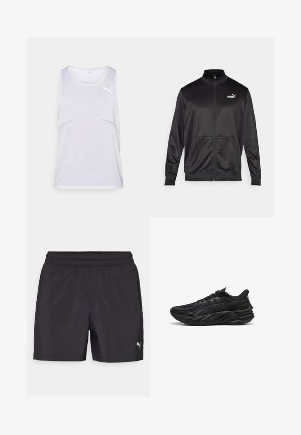 Černá bunda na zip vyrobená z hladké, lesklé látky. Má vysoký límec, dvě přední kapsy a bílé logo Puma na levé straně hrudi.; Bílý sportovní tílko vyrobené z prodyšného materiálu, s texturou síťoviny a jemným gradientním designem, na hrudi malým logem.; Černé sportovní šortky s elastickým pasem, vyrobené z lehkého materiálu, s malým bílým logem na spodní straně.; Černá sportovní bota s texturovaným svrchním materiálem, zakřivenou podrážkou a vyztuženou patou. Obsahuje tkaničky a decentní boční designový prvek.