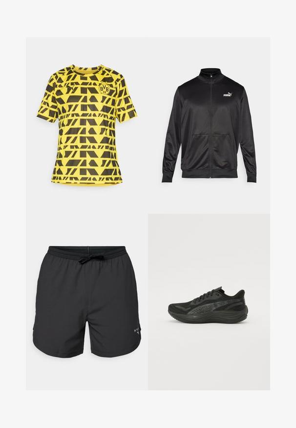 Svart zip-up jakke laget av glatt, skinnende stoff. Har høy krage, to frontlommer og en hvit Puma-logo på venstre bryst.; Gul kortermet jersey med geometrisk svart mønster, med rund hals og logo på venstre bryst, laget av lett materiale.; Sorte svømmebukser med elastisk talje og snor. Letvægtsstof med sidelommer. Har et lille logo på kanten.; Svart idrettssko med en teksturert mesh-overdel, flate lisser og en polstret såle med subtile reflekterende detaljer.