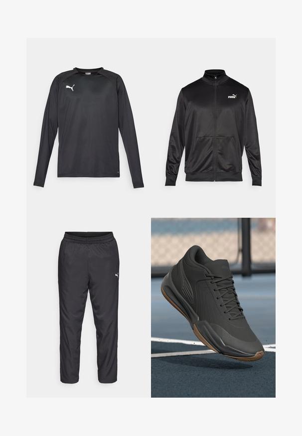 Černá bunda na zip vyrobená z hladké, lesklé látky. Má vysoký límec, dvě přední kapsy a bílé logo Puma na levé straně hrudi.; Černé sportovní tričko s dlouhým rukávem vyrobené z lehkého materiálu, s kulatým výstřihem a bílým logem na levé straně hrudi. Hladká textura.; Černé sportovní kalhoty vyrobené z hladkého, lehkého materiálu. Mají elastický pas a malé bílé logo na levé straně.; Černá sportovní obuv s hladkým syntetickým svrškem, texturovanými akcenty a gumovou podrážkou, navržená pro výkon a pohodlí.
