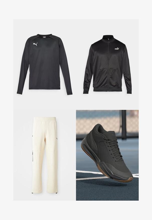 Black zip-up jacket made of smooth, shiny fabric. Features a high collar, two front pockets, and a white Puma logo on the left chest.; Long-sleeve black athletic shirt made of smooth fabric, featuring a crew neck, grey stitching, and a white Puma logo on the chest.; Light beige sweatpants made from soft fabric. Features a black logo, side pockets with zippers, and a relaxed fit.; Black athletic shoe with a smooth synthetic upper, textured accents, and a gum rubber sole, designed for performance and comfort.