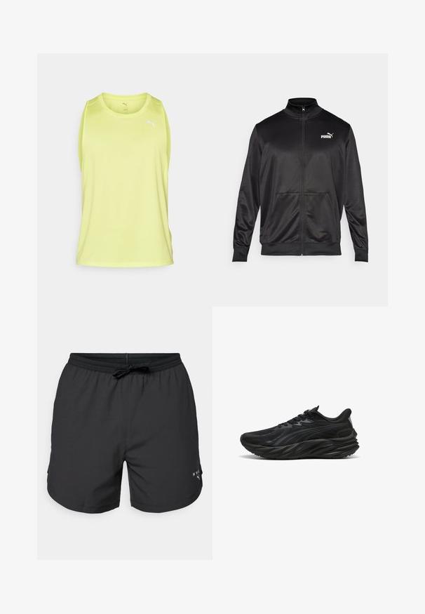 Juodas zip-up švarkas, pagamintas iš lygaus, blizgaus audinio. Turintis aukštą apykaklę, dvi priekinės kišenes ir baltą Puma logotipą kairiajame krūtinės kampe.; Žalia berankovė sportinė marškinė, pagaminta iš lengvos medžiagos, su apvaliu iškirpimu ir baltu logotipu ant krūtinės. Sklandi tekstūra.; Juodos maudymosi šortai su elastinga juostele ir virvele. Lengva medžiaga su šoninėmis kišenėmis. Krajose yra mažas logotipas.; Juodas sportinis batas su tekstūruotu viršumi, išlenktu padu ir sustiprintu kulnu. Yra raišteliai ir subtilus šoninis dizaino elementas.