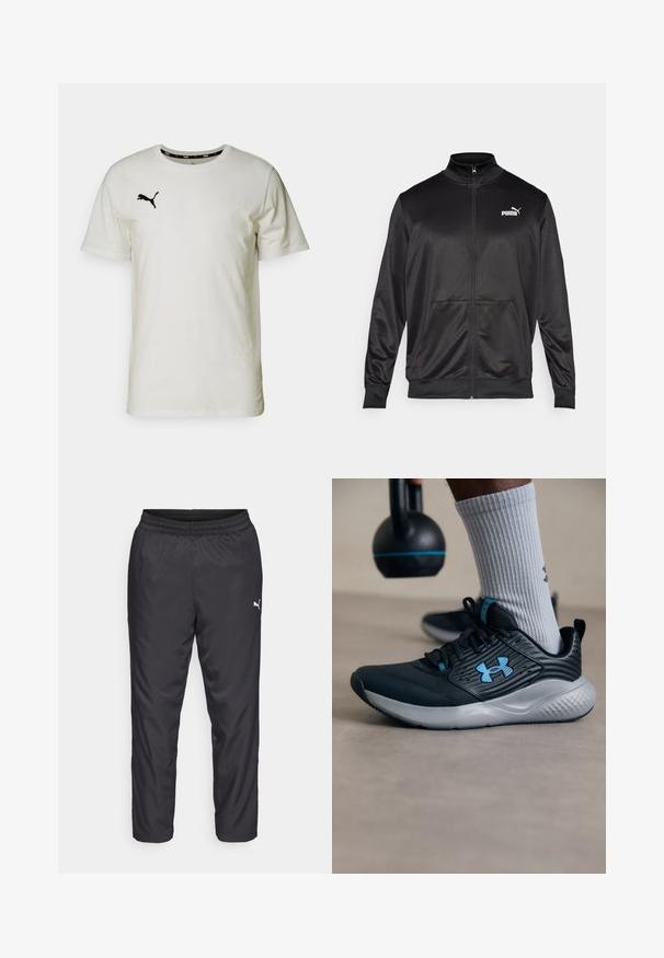 Black zip-up jacket made of smooth, shiny fabric. Features a high collar, two front pockets, and a white Puma logo on the left chest.; White cotton t-shirt with a crew neck, featuring a small black Puma logo on the left chest and black accent on the inner neckline.; Black athletic pants made of smooth, lightweight material. Features an elastic waistband and a small white logo on the left side.; Black athletic shoe with blue accents, textured upper, and gray sole. Worn with gray ribbed socks, beside a black kettlebell.