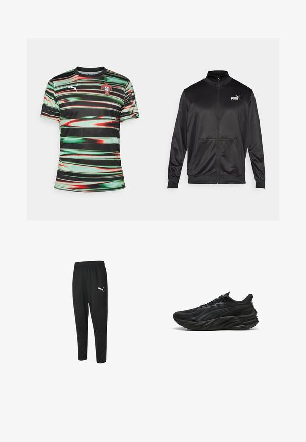 Zwarte jas met rits, gemaakt van een gladde, glanzende stof. Heeft een hoge kraag, twee voorzakken en een wit Puma-logo op de linkerborst.; Korte mouwen zwart sportshirt met groene en rode horizontale strepen. Bevat een Puma-logo en het embleem van het nationale team van Portugal op de borst.; Zwarte sportieve broeken van gladde stof, met een tailleband met trekkoord, taps toelopende benen en een klein wit Puma-logo aan de linkerkant.; Zwarte sportschoen met een gestructureerde bovenkant, gebogen zool en versterkte hiel. Voorzien van veters en een subtiel ontwerpelement aan de zijkant.