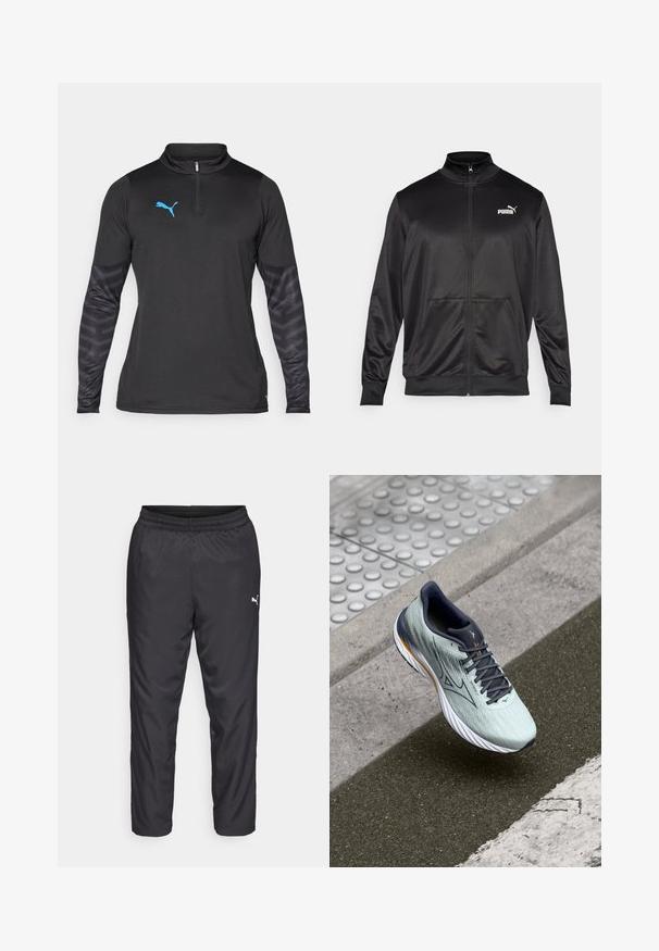 Μαύρο τζάκετ με φερμουάρ, κατασκευασμένο από λείο, γυαλιστερό ύφασμα. Διαθέτει ψηλό γιακά, δύο μπροστινές τσέπες και ένα λευκό λογότυπο Puma στο αριστερό στήθος.; Μαύρο αθλητικό μπλουζάκι με μακριά μανίκια και κολάρο με φερμουάρ μέχρι το ένα τέταρτο. Διαθέτει μπλε λογότυπο Puma στο στήθος και μανίκια με υφή μαύρου μοτίβου.; Μαύρο αθλητικό παντελόνι από λεία, ελαφριά υλικά. Διαθέτει ελαστική μέση και ένα μικρό λευκό λογότυπο στην αριστερή πλευρά.; Αθλητικό παπούτσι σε ανοιχτό πράσινο χρώμα με αναπνεύσιμο επάνω μέρος από πλέγμα, σκούρες γκρι λεπτομέρειες, λευκή σόλα και ανακλώμενες λεπτομέρειες. Κυματιστό μοτίβο υφής σε όλη την επιφάνεια.