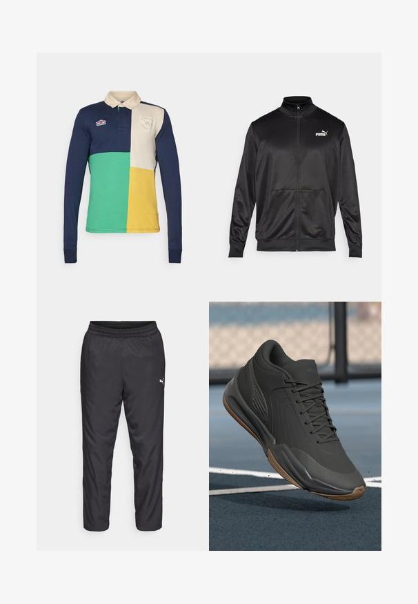 Fekete, sima, fényes anyagból készült, cipzáros dzseki. Magas gallérral, két elülső zsebbel és fehér Puma logóval rendelkezik a bal mellrészen.; Umbro Pólóing - dark navy/multi-colour; Fekete sportos nadrág sima, könnyű anyagból. Rugalmas derékkal rendelkezik, és a bal oldalon egy kis fehér logó található.; Fekete sportcipő sima szintetikus felsőrésszel, mintás díszítésekkel és gumi talppal, melyet teljesítményre és kényelemre terveztek.