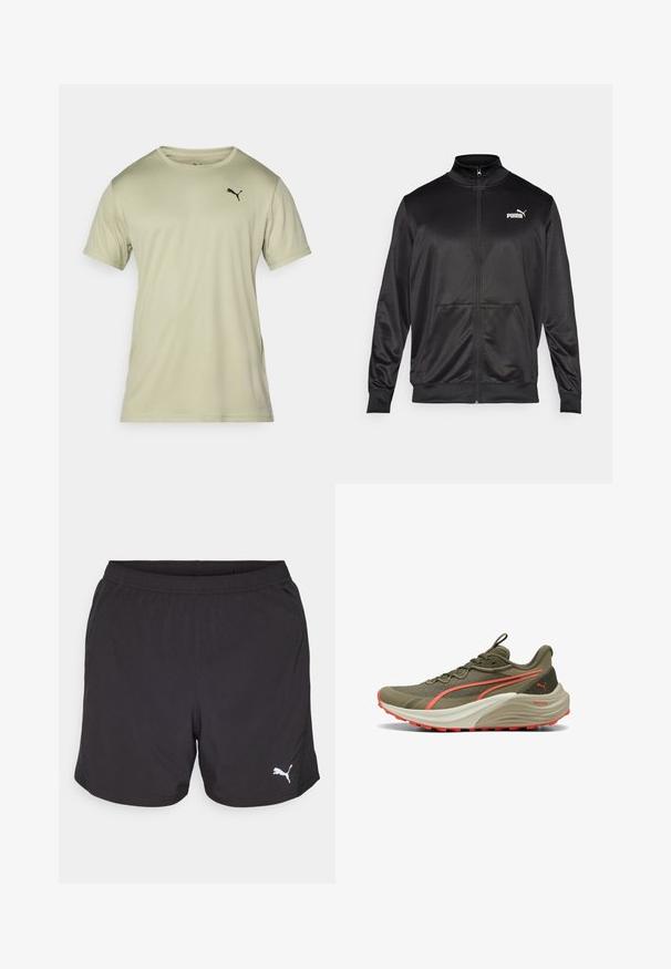 Zwarte jas met rits, gemaakt van een gladde, glanzende stof. Heeft een hoge kraag, twee voorzakken en een wit Puma-logo op de linkerborst.; Lichtgroene T-shirt met korte mouwen van zacht fabrick, voorzien van een ronde hals en een klein zwart Puma-logo op de borst.; Zwarte sportshorts van lichtgewicht stof, met een elastische tailleband en een klein wit Puma-logo aan de linkerkant.; Olijfgroene hardloopschoen met een gestructureerde bovenkant, koraalkleurige accenten en een dikke witte tussenzool. Beschikt over een duurzame rubberen buitenzool voor grip.