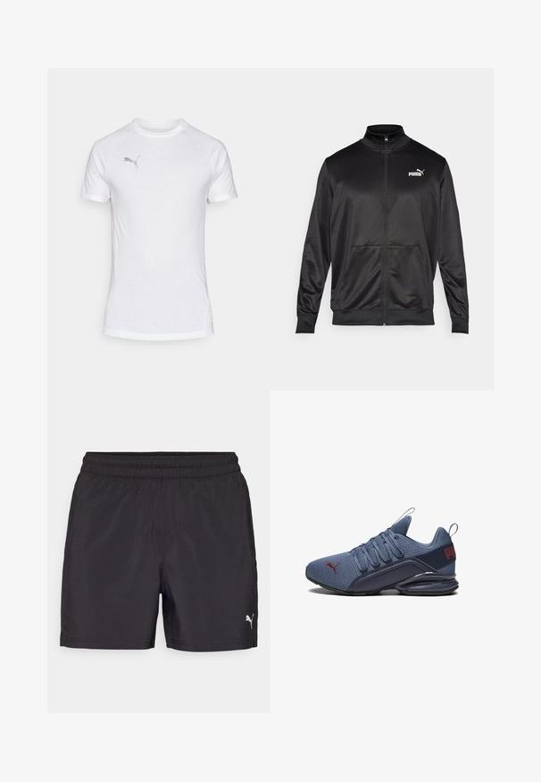 Zwarte jas met rits, gemaakt van een gladde, glanzende stof. Heeft een hoge kraag, twee voorzakken en een wit Puma-logo op de linkerborst.; Witte sportshirt met korte mouwen en een ronde hals, gemaakt van een textuurstof en met een subtiele grijze logo op de bovenste linkerborst.; Zwarte sportshorts met een elastische tailleband, gemaakt van lichtgewicht materiaal, met een klein wit logo aan de onderzijde.; Blauwe sportieve schoen met een bovenwerk van mesh, uitgerust met een solide rubberen zool, opvallend logopatroon en vetersluiting voor een comfortabele pasvorm.