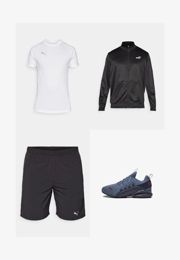 Črna jakna na zadrgo iz gladkega, sijočega materiala. Ima visok ovratnik, dva sprednja žepa in belo Puma logotip na levem prsnem delu.; Bela kratka športna majica s kratkimi rokavi in okroglim izrezom, narejena iz teksturirane tkanine in z diskretnim sivim logotipom na zgornjem levem delu prsnega koša.; Črne atletske kratke hlače iz lahkotnega materiala z elastičnim pasom. Vključujejo majhen bel logotip Puma na spodnjem levem delu.; Modra športna čevlja z mrežnim zgornjim delom, opremljena z trdim gumijastim podplatom, izrazitim logotipom in vezalnim sistemom za udobno prileganje.