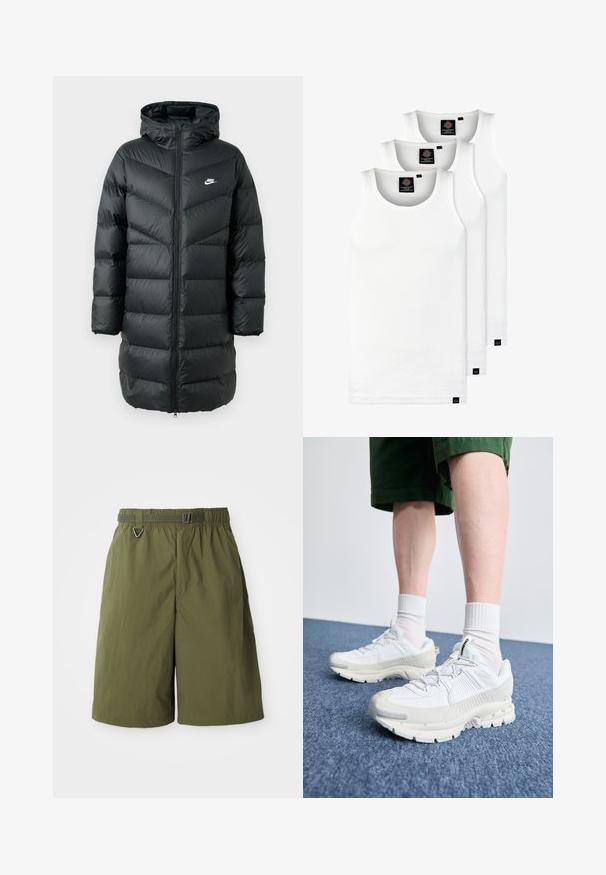 Casaco puffer preto com capuz, apresentando um padrão de matelassé em ziguezague, fecho frontal com zíper completo e um pequeno logo branco no peito.; Três tops em algodão de alças brancas com nervuras. Apresentam um decote redondo e pequenas etiquetas pretas perto da bainha. Disponíveis em vários tamanhos.; Calções verdes de nylon com uma cintura elástica e faixa ajustável. Apresentam um anel D em metal seguro e uma textura suave.; Sapatos atléticos brancos com sobreposições texturizadas, sola espessa e detalhes em cinza. Usados com meias brancas até ao tornozelo e calções verdes sobre uma superfície azul.