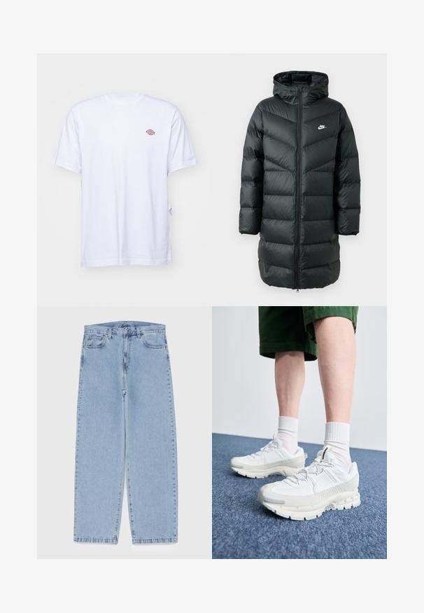 Fekete puffkabát kapucnival, cikk-cakk steppeléssel, teljes hosszúságú cipzárral az elején, és egy apró fehér logóval a mellrészen.; Fehér pamut póló V-nyakkal és rövid ujjakkal. A bal mellen egy kis, színes hímzett logó található. Puha tapintás.; Világoskék farmernadrág egyenes szárú kivitelben, közepes derékkal, öt zsebbel, gombos és cipzáros záródással.; Fehér sportcipők texturált burkolattal, vastag talppal és szürke részletekkel. Fehér sportzoknival és zöld rövidnadrággal viselve, kék felületen.