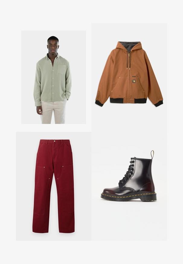 Bruine zip-up hoodie met een capuchon, zwarte ribgebreide manchetten, gouden ritsaccenten en een logo-opdruk aan de voorkant. Gemaakt van duurzaam materiaal.; Lichtgroen overhemd met knopen van een getextureerde stof, met een enkele borstzak en lange mouwen. Gecombineerd met lichtgekleurde broek.; Bordeaux katoenen broek met een rechte snit, voorzien van twee ondiepe zakken aan de voorkant, zilveren hardware en accenten op de knieën. Soepele textuur, middellange gewicht.; Zwarte leren enkellaars met een glanzende afwerking, ronde neus, vetersluiting met zeven oogjes en kenmerkende gele stiksels langs de zool.