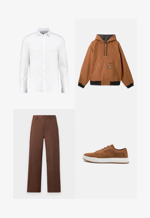 Sudadera con cremallera marrón, con capucha, puños negros acanalados, acentos de cremallera dorados y un parche de logotipo en la parte frontal. Fabricada con material duradero.; Camisa blanca de manga larga con botones, confeccionada en algodón suave. Presenta un cuello clásico y una parte delantera con botones, con un dobladillo recto.; Pantalones de pierna ancha marrones, confeccionados en suave tela de algodón. Presentan un cierre con botón, trabillas para cinturón y dos bolsillos frontales.; Zapatillas de ante marrón con suela de goma blanca, punta redonda, seis ojales metálicos y detalle de logotipo embosado en el lateral. Diseño clásico con cordones.