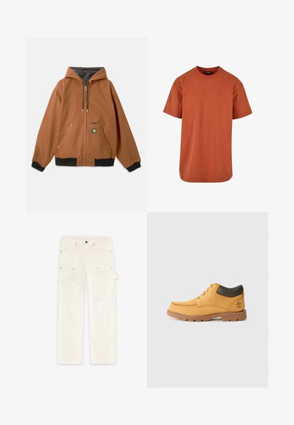 Hoodie zippé marron avec une capuche, poignets côtelés noirs, accents en relief dorés et un patch logo sur le devant. Fabriqué à partir de matériaux durables.; T-shirt couleur rouille en coton, avec des manches courtes, un col rond et une coupe décontractée. Aucun motif ni accent visible.; Pantalons beige clair en tissu texturé, dotés de poches avant et latérales, de quincaillerie en métal et de détails de logo embossé sur les jambes.; Chaussure en cuir jaune avec semelle en caoutchouc marron, bout rond et détail en cuir vert à la cheville. Comprend des œillets dorés et des accents de surpiqûre.