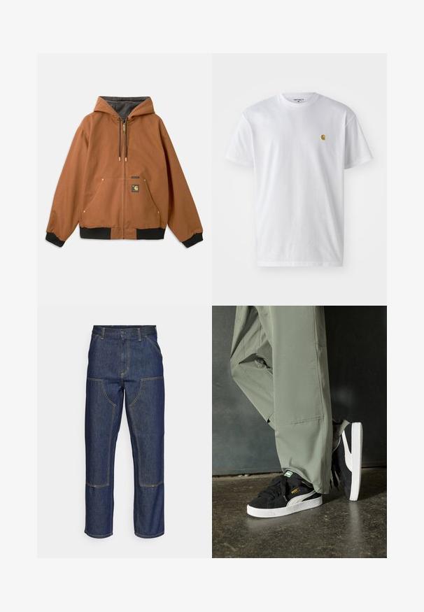 Ruskea vetoketjullinen huppari, jossa on huppu, mustat ribbikankaiset hihansuut, kultaiset vetoketjuakcentit ja logopatchi edessä. Valmistettu kestävästä materiaalista.; Valkoinen puuvillapaita lyhyillä hihoilla, pyöreä kaula-aukko, jossa on pieni kultainen logo vasemmassa rintapielessä. Pehmeä kangas ja normaali istuvuus.; Tummansiniset farkut, joissa on korkea vyötärö, suora lahje, eriväriset ompeleet ja etupuolella pakki-taskut.; Mustat mokkakengät, joissa on valkoiset kumipohjat ja sivuraitoja, yhdistettynä vaaleanvihreisiin cargo-housuihin, seisoen tummalla teksturoidulla pinnalla.