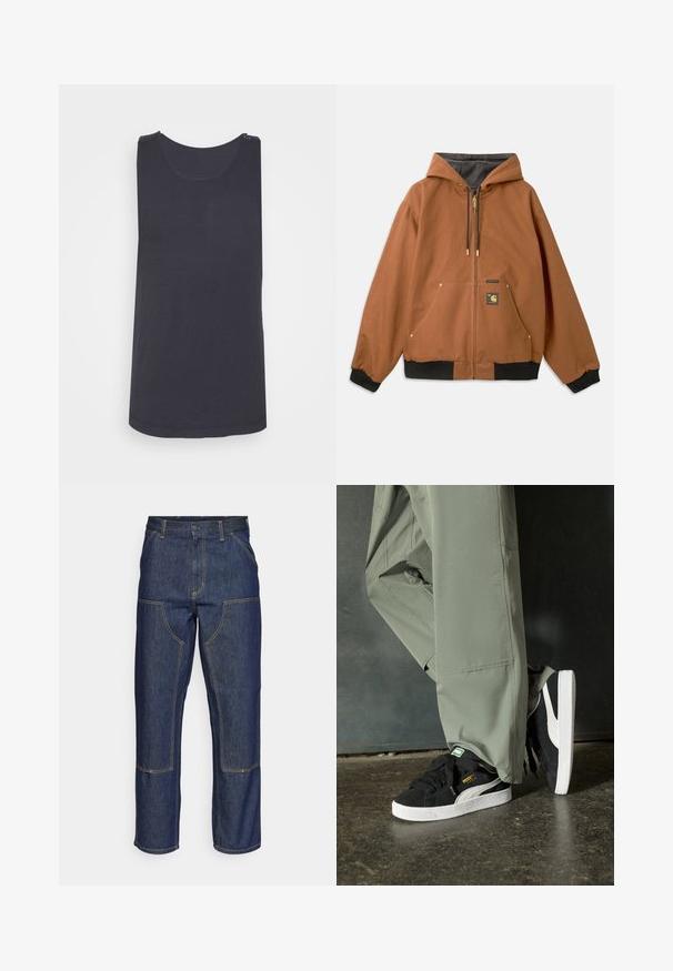 Hnedá mikina na zips s kapucňou, čiernymi rebrovými manžetami, zlatými zipsovými doplnkami a nášivkou loga na prednej strane. Vyrobená z odolného materiálu.; Čierny bezrukávový top s okrúhlym výstrihom, vyrobený z hladkého materiálu, s jemnou textúrou a zakriveným lemom na spodnej strane.; Tmavomodré denimové džínsy s vysokým pásom, rovného strihu, kontrastným prešívaním a vreckami na prednej strane.; Čierne semišové tenisky s bielymi gumovými podrážkami a postrannými prúžkami, v kombinácii s svetlozelenými cargo nohavicami, stojace na textúrovanom tmavom povrchu.