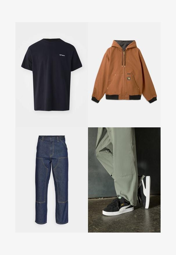 Ruskea vetoketjullinen huppari, jossa on huppu, mustat ribbikankaiset hihansuut, kultaiset vetoketjuakcentit ja logopatchi edessä. Valmistettu kestävästä materiaalista.; Mustat puuvillapaidat, joissa on lyhyet hihat, pyöreä kaula-aukko ja huomaamaton valkoinen logo vasemmassa rinnassa. Sileä rakenne, normaali istuvuus.; Tummansiniset farkut, joissa on korkea vyötärö, suora lahje, eriväriset ompeleet ja etupuolella pakki-taskut.; Mustat mokkakengät, joissa on valkoiset kumipohjat ja sivuraitoja, yhdistettynä vaaleanvihreisiin cargo-housuihin, seisoen tummalla teksturoidulla pinnalla.