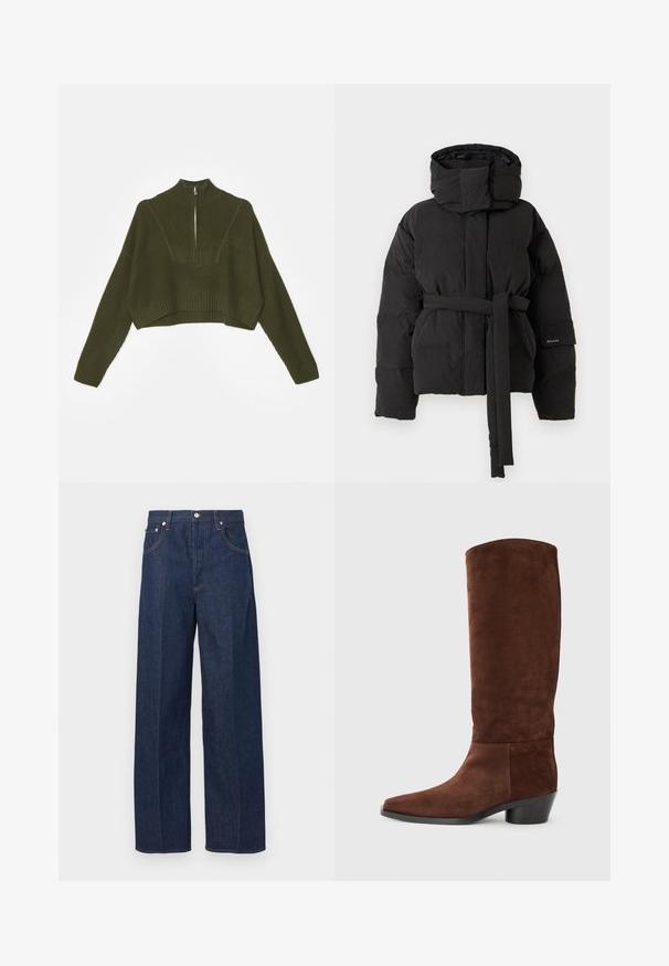 Black padded jacket with high collar, attached belt at waist, long sleeves, and side pockets, displayed against a plain background.; STAUD CROPPED HAMPTON - Jumper - sergeant green; Dark blue denim jeans featuring a wide-leg design, button closure, and five-pocket styling with contrasting orange stitching.; Brown suede knee-high boot with a square toe, textured surface, and a low block heel. Simple design with no visible hardware or accents.