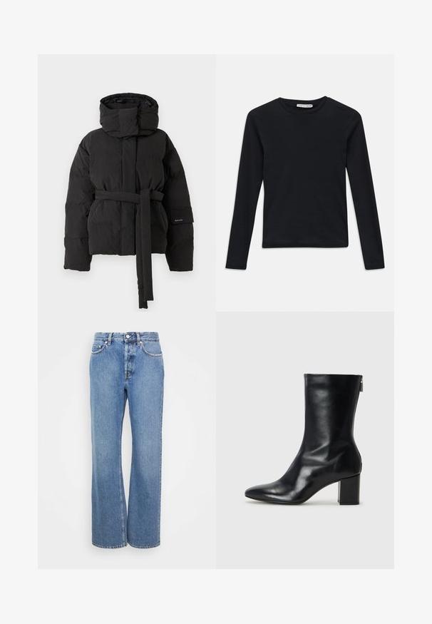 Black padded jacket with high collar, attached belt at waist, long sleeves, and side pockets, displayed against a plain background.; Black long-sleeve crew neck shirt with slim fit, plain design, and a small "Tiger of Sweden" label inside the collar.; Light-wash high-waisted jeans with a straight, wide-leg cut. Feature classic denim stitching and five pockets. Smooth texture.; Black leather ankle boot with a pointed toe and 4 cm block heel. Sleek design features a side zipper for easy wear. Smooth texture.