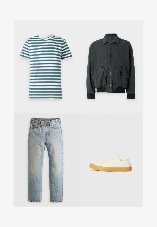 Černá bomber bunda se zipem vpředu, dvěma velkými bočními kapsami, žebrovanými manžetami a límcem. Vyrobena z odolné látky s hladkouTexturou.; Pánské tričko s krátkým rukávem s vodorovnými pruhy v odstínech tyrkysové, námořnické a bílé. Měkká bavlněná látka s kulatým výstřihem a kontrastním límcem.; Svetle modré džíny z denimu s vysokým pasem, předním knoflíkem, zipem a designem s pěti kapsami, ležící rovně na neutrálním pozadí.; Plátěné tenisky v krémové barvě s kulatou špičkou, s béžovými gumovými podešvami a pěti očky na tkaničky, texturovaný povrch horní části.