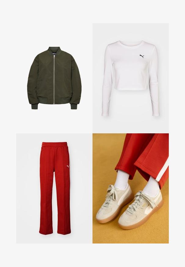 Olíva zöld bombázó dzseki cipzárral, bordás mandzsettákkal és alsó résszel, két oldalsó zsebbel és sima textúrával.; Hosszú ujjú, rövidített fehér pamut póló fekete Puma logóval a bal mellen. Sima textúra, kerek nyakkivágás és testhezálló ujjak.; Piros melegítőnadrág puha textúrával, rugalmas derékpánttal és két oldalsó cipzáros zsebbel. Jellemzője a fehér csík az oldalán és egy kis logó.; Puma PALERMO MODA XTRA - Sportcipő - desert dust/frosted ivory/gold