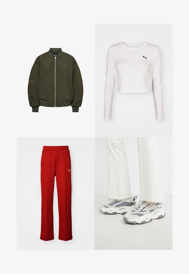 Oliwkowa kurtka bomberka z zamkiem błyskawicznym, ściągaczami przy mankietach i zakończeniu, dwoma kieszeniami bocznymi oraz gładką strukturą.; Biała, krótko krojona koszulka z długim rękawem z bawełny z czarnym logo Pumy na lewej stronie klatki piersiowej. Gładka faktura, okrągły dekolt i dopasowane rękawy.; Czerwone dresy z miękkiej tkaniny, elastycznym pasem w talii i dwiema bocznymi kieszeniami na zamek. Posiadają biały pasek wzdłuż boków oraz małe logo.; Masywne sportowe sneakersy w jasnoszarym kolorze, z mieszanką siatkowych i tekstylnych materiałów, z wzorzystymi akcentami i grubą gumową podeszwą.