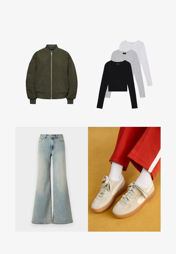 Olivově zelená bomber bunda se zipovým zapínáním, žebrovanými manžetami a spodním lemem, dvěma bočními kapsami a hladkou texturou.; Tři trička s dlouhým rukávem naskládaná na sobě: černé, šedé a bílé. Každé má kulatý výstřih a kratší střih z hladkého, lehkého materiálu.; Světle modré kalhoty s širokými nohavicemi a vysokým pasem, s vybledlým vzhledem, předními kapsami a jemným rozparem na spodní části nohavic.; Puma PALERMO MODA XTRA - Tenisky - desert dust/frosted ivory/gold