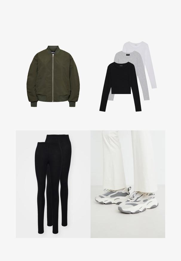 Chaqueta bomber verde oliva con cierre de cremallera, puños y dobladillo de canalé, dos bolsillos laterales y una textura suave.; Tres camisetas de manga larga apiladas: negra, gris y blanca. Cada una tiene un escote redondo y un diseño recortado con una tela suave y ligera.; Leggings negros en una tela suave y elástica con una cinturilla alta. Presentan una silueta ajustada y un diseño de longitud hasta el tobillo. Se muestran dos pares.; Zapatillas deportivas gruesas en gris claro, con una mezcla de materiales de malla y textil, con acentos estampados y una suela de goma gruesa.