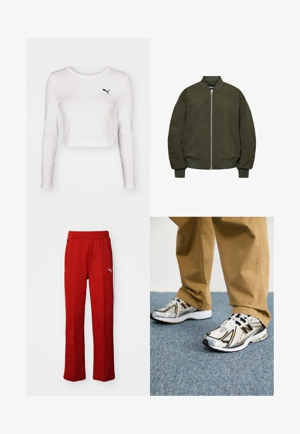Olīvu zaļš bumbvedēja apmetnis ar rāvējslēdzēju, ribotām aprocēm un apakšmalu, divām sānu kabatām un gludu tekstūru.; Baltas kokvilnas krekls ar garām piedurknēm un īsu griezumu, uz kuras kreisajā krūtīs ir melns Puma logo. Gluda tekstūra, apaļa dekoltē un pieguļošas piedurknes.; Sarkanie sporta bikses ar mīkstu tekstūru, elastīgu jostu un divām sānu kabatām ar rāvējslēdzēju. Iezīmēts ar baltu svītru gar sāniem un mazu logotipu.; Baltas un sudraba New Balance apavi ar melnām akcentiem un šņorēm, ar sietveida augšdaļu, mīkstinātu zolīti un dinamisku dizainu.