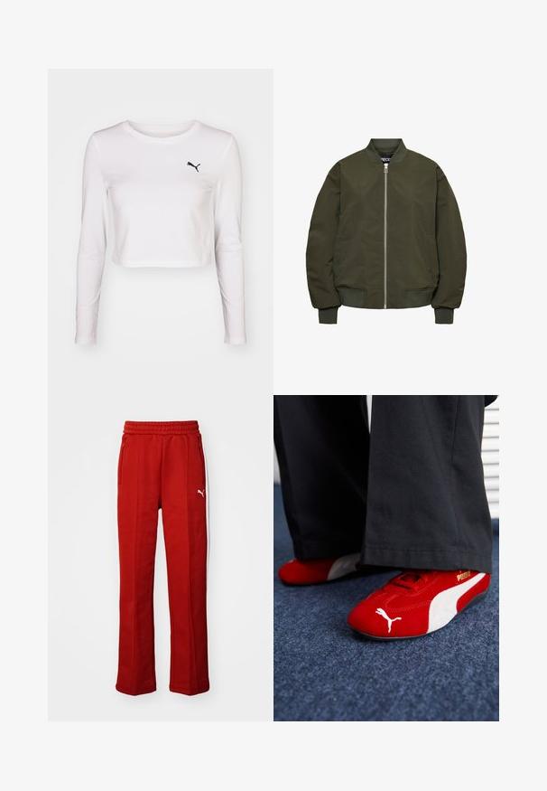 Olivovo zelená bombardérska bunda so zipsovým zapínaním, rebrovými manžetami a lemom, dvomi bočnými vreckami a hladkým povrchom.; Dlho-sleeve, skrátené tričko s dlhým rukávom z bielej bavlny s čiernym logom Puma na ľavej strane hrude. Hladká textura, okrúhly výstrih a priliehavé rukávy.; Červené teplákové nohavice s jemnou textúrou, elastickým pásom a s dvoma bočnými zipsovými vreckami. Obsahujú biely pruh pozdĺž strán a malé logo.; Červené zamatové tenisky s bielymi akcentmi, s textúrovaným materiálom, okrúhlou špičkou a zlatým logom na boku, obuté s čiernymi nohavicami.