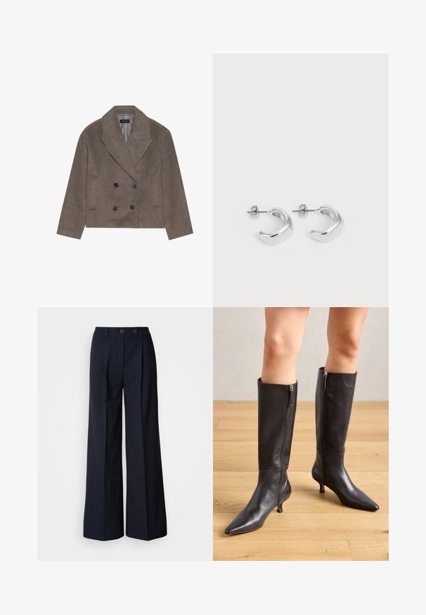 Palton din amestec de lână maro, având un model cu două rânduri de nasturi, nasturi negri mari, rever ascuțit și buzunare laterale, conceput cu o lungime scurtă.; Două tricouri albe din bumbac, cu mâneci scurte, guler rotund și o siluetă ajustată, având o textură netedă și un design minimalist.; Pantaloni largi cu dungi navy, cu două butoane în față, design cu tăietură, pliu pe față și o textură fină.; Cizme negre din piele, până la genunchi, cu vârf ascuțit și toc subțire. Prezintă fermoare pe lateral pentru o îmbrăcare ușoară. Textură netedă și design elegant.; Cercei rotunzi din argint cu o finisare netedă și lustruită. Formă rotundă cu un design ușor curbat și margini armonizate. Închidere cu pini.