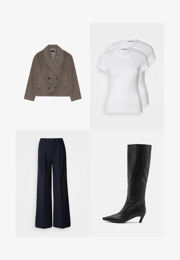 Brown wool-blend peacoat featuring a double-breasted front, large black buttons, pointed lapels, and side pockets, designed with a cropped length.; Two white cotton t-shirts with short sleeves, round necklines, and a fitted silhouette, displaying a smooth texture and minimalistic design.; Navy pinstriped wide-leg trousers with two front buttons, tailored design, crease down the front, and a smooth texture.; RAID FLAURA - Boots - black