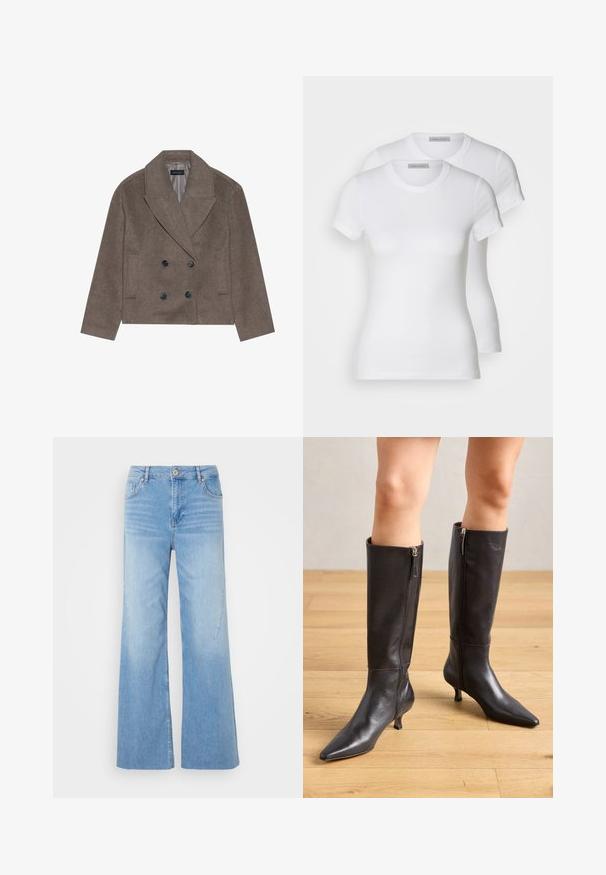 Brūns vilnas maisījuma pīca, kas tajā ir divrindu priekšpuse, lieli melni pogas, norādīti atloki un sānu kabatas, ar īsu garumu.; Divi balti kokvilnas t-krekli ar īsām piedurknēm, apaļām kakla izgriezumiem un pieguļošu siluetu, ar gludu tekstūru un minimālistisku dizainu.; Gaišzilas platās kājas džinsi no denima auduma ar priekšējo pogu aizdari, piecu kabatu dizainu un smalku izbalējumu, kas piešķir papildu faktūru.; Melnas ādas līdz ceļgaliem zābaki ar izsmalcinātu purngalu un šahtu papēdi. Ir sānu rāvējslēdzēji vieglai uzvilkšanai. Gluda tekstūra un elegants dizains.