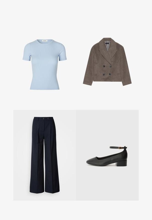 Brown wool-blend peacoat featuring a double-breasted front, large black buttons, pointed lapels, and side pockets, designed with a cropped length.; Light blue ribbed t-shirt with short sleeves and a round neckline. Soft texture, fitted design with no visible logos or embellishments.; Navy pinstriped wide-leg trousers with two front buttons, tailored design, crease down the front, and a smooth texture.; Black leather pump with a pointed toe and a low block heel. Features an ankle strap with a gold-tone buckle. Smooth texture.