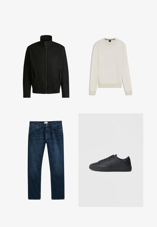 Zwarte jas met een hoge kraag, ritssluiting aan de voorkant en elastische tailleband. Voorzien van zijzakken met deksels en subtiele logo-details.; Licht beige gebreide trui met een visgraatpatroon, ronde halslijn en geribde manchet en zoom. Zachte textuur, lange mouwen en minimaal ontwerp.; Donkerblauwe denim jeans met een rechte pijp, knoop- en ritssluiting en voorzakken. Gladde textuur en minimale vervaging.; Zwarte sneakers van glad leer met een lage schacht, ronde neus en platte rubberen zool. Voorzien van veters en subtiele branding.