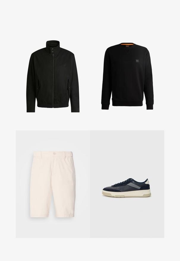 Giacca nera con colletto alto, chiusura con zip e vita elasticizzata. Presenta tasche laterali con flap di copertura e dettagli del logo discreti.; Felpa nera in misto cotone, con scollatura rotonda, maniche lunghe, polsini a coste e un piccolo logo ricamato sul petto.; Pantaloni corti beige realizzati in tessuto leggero con chiusura a bottoni, vita elasticizzata, tasche laterali e un taglio fino al ginocchio.; BOSS BALTIMORE - Sneakers basse - open blue
