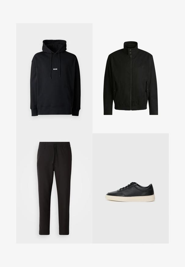 Giacca nera con colletto alto, chiusura con zip e vita elasticizzata. Presenta tasche laterali con flap di copertura e dettagli del logo discreti.; Felpa nera con cappuccio regolabile, tasca a marsupio anteriore, polsini e orlo a coste, con un piccolo logo bianco "MSGM" sul petto.; Pantaloni jogger neri realizzati in tessuto liscio. Presentano una vita elasticizzata con stringa, gambe affusolate e senza tasche visibili. Design semplice.; Sneaker in pelle nera a basso profilo con lacci neri e suola avorio, mostrato di profilo su sfondo bianco.