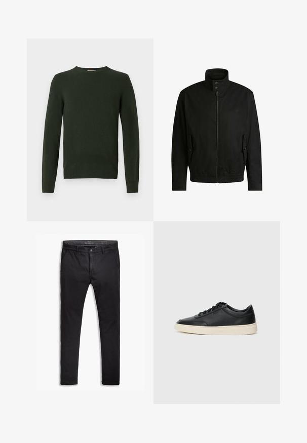 Schwarze Jacke mit hohem Kragen, Reißverschluss vorne und elastischem Bund. Enthält Seitentaschen mit Klappen und dezenten Logodetails.; Dunkelgrüner Strickpullover mit langen Ärmeln, Rundhalsausschnitt und glatter Textur. Keine sichtbaren Muster oder Hardwaredetails.; Schwarze Baumwollchinos mit einem schmalen Schnitt, ausgestattet mit fünf Taschen, Gürtelschlaufen und einer glatten Textur. Reißverschluss mit Knopfverschluss.; Schwarzer niedriger Ledersneaker mit schwarzen Schnürsenkeln und cremefarbenem Sohlenrand, seitlich auf weißem Hintergrund dargestellt.