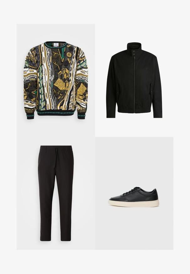 Schwarze Jacke mit hohem Kragen, Reißverschluss vorne und elastischem Bund. Enthält Seitentaschen mit Klappen und dezenten Logodetails.; Strickpullover mit lebhaften abstrakten Mustern in Schwarz, Weiß, Gelb und Grün. Ein Rundhalsausschnitt und gerippte Ärmelbündchen vervollständigen das Design.; Schwarze Jogginghose aus glattem Stoff. Mit einem elastischen Bund und Kordelzug, schmal zulaufenden Beinen und ohne sichtbare Taschen. Einfaches Design.; Schwarzer niedriger Ledersneaker mit schwarzen Schnürsenkeln und cremefarbenem Sohlenrand, seitlich auf weißem Hintergrund dargestellt.